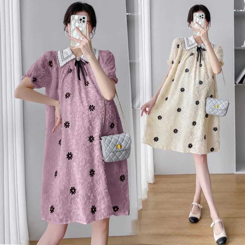 Summer Korean Fashion Maternity Dress Beading Ruffle A Line Loose Clothes for Pregnant Women Sweet Pregnancy ClothingT250311