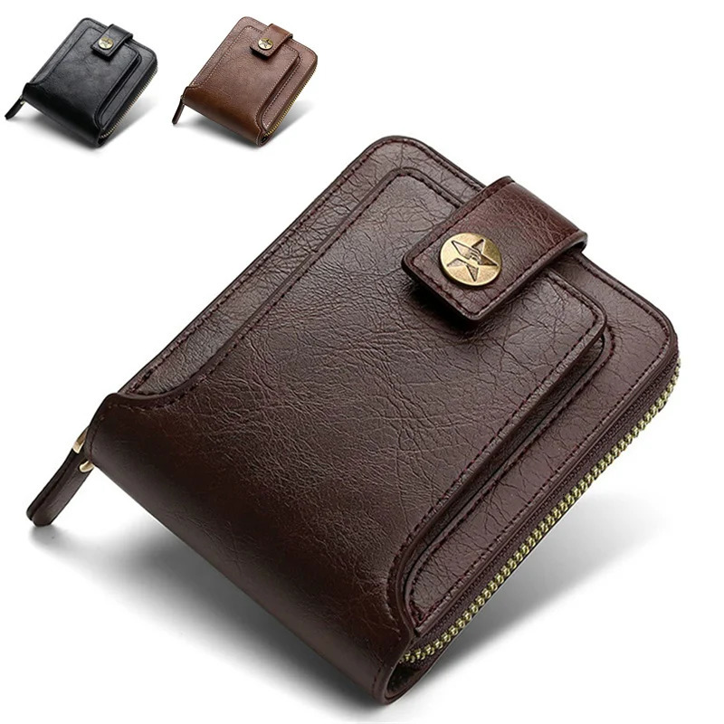 Retro mens wallet PU leather short buckle zipper clutch solid color highquality durable and convenient 250311