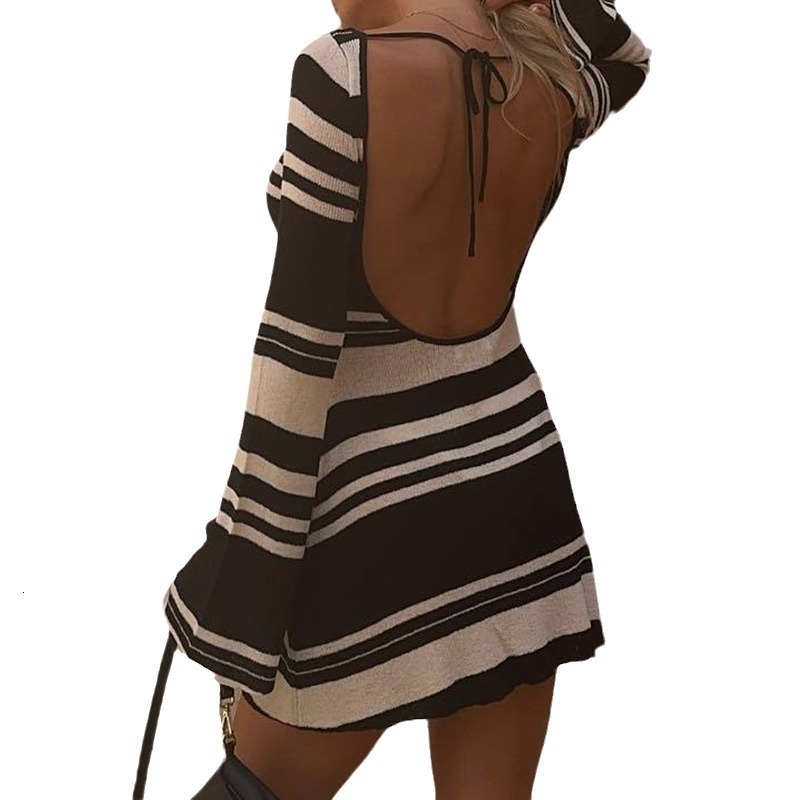 Women's Flared Sleeve Knitted Striped Perspective Slim Fit Sexy Backless Short Beach Dress