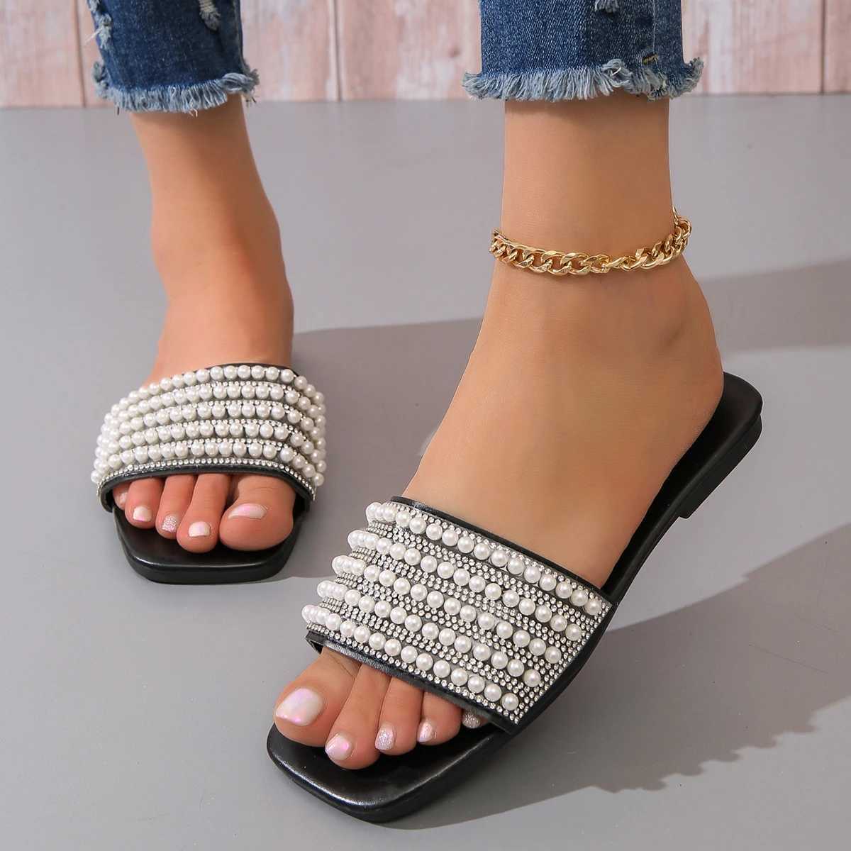 Womens fixed flat sandals with artificial pearls and Rhine decorative slidersXJ250407