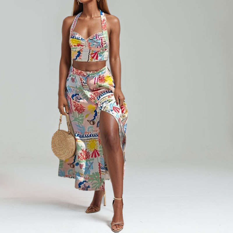 2025 Spring New Women's Neck Strap Printed Split Skirt Two Piece Set KLMY