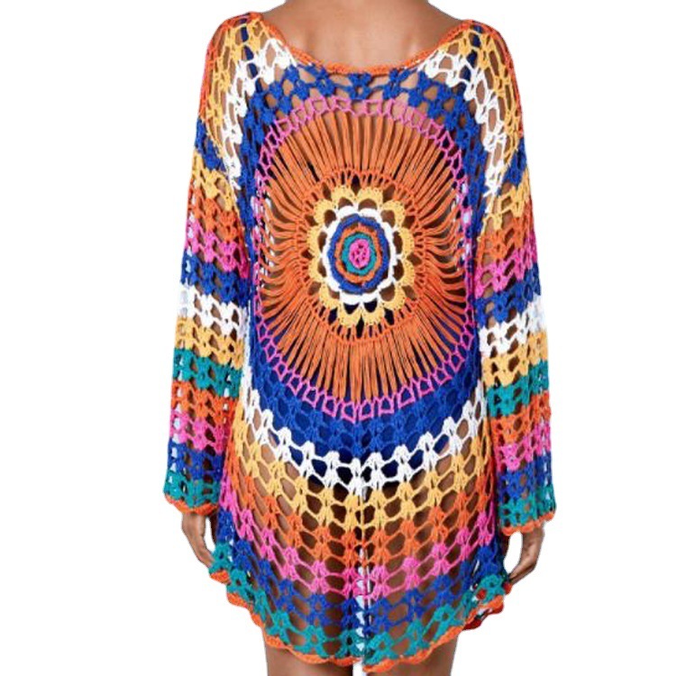 Handmade Crochet Rainbow Beach Knitted Hollow Out Loose Long Sleeved Bikini Swimsuit Cover, Outer Layer