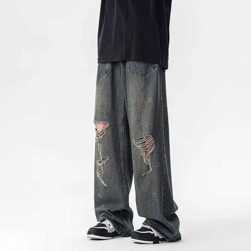 Spring American Retro Ripped Wide Leg Mens Jeans High Street Fashion Distressed Baggy Denim Pants Casual Y2K 250311
