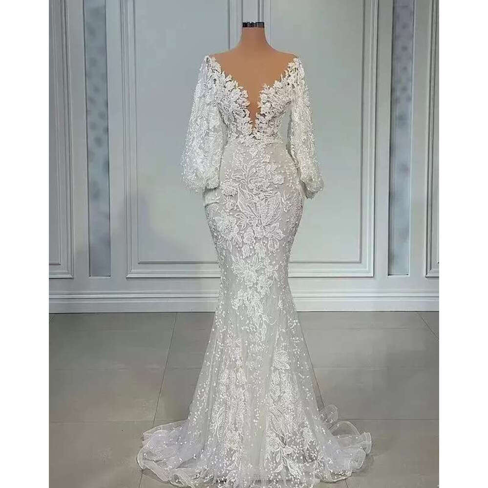 Sleeve Long Mermaid Wedding Dresses Sheer Neck Full Lace Ral Beaded African Trumpet Fishtail Beach Aso Ebi Bridal Gowns Custom Made
