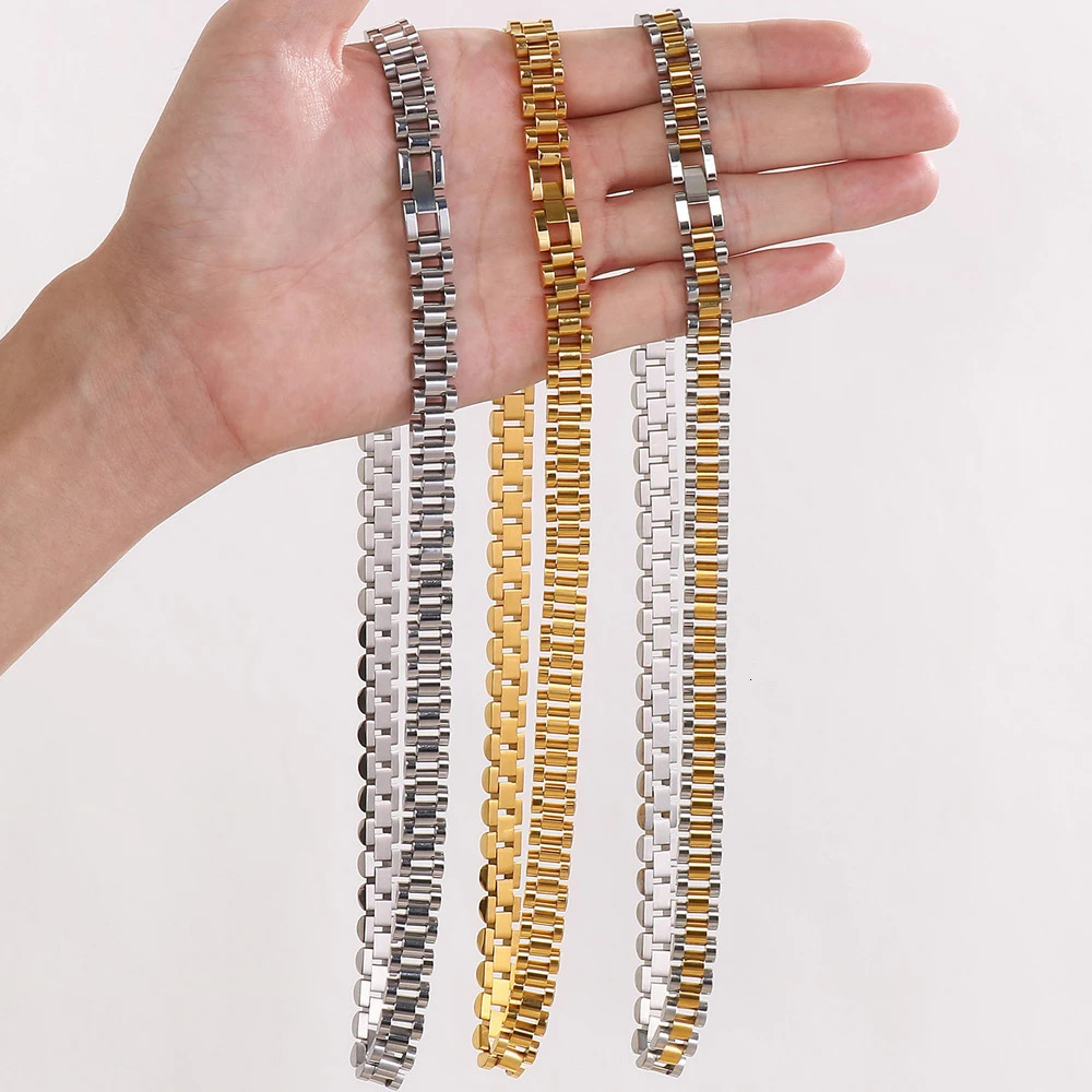 45/50/60CM 10MM Watch Strap Chain Style Necklace For Men Women Gold Color Stainless Steel Choker Necklaces Jewellery Accessories 250311
