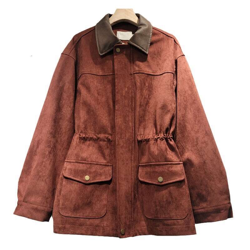 2024 Autumn New Hong Kong Edition Wind Flip Collar Zipper Loose Deer Fleece Long Sleeve Windbreaker Coat Women's Trendy