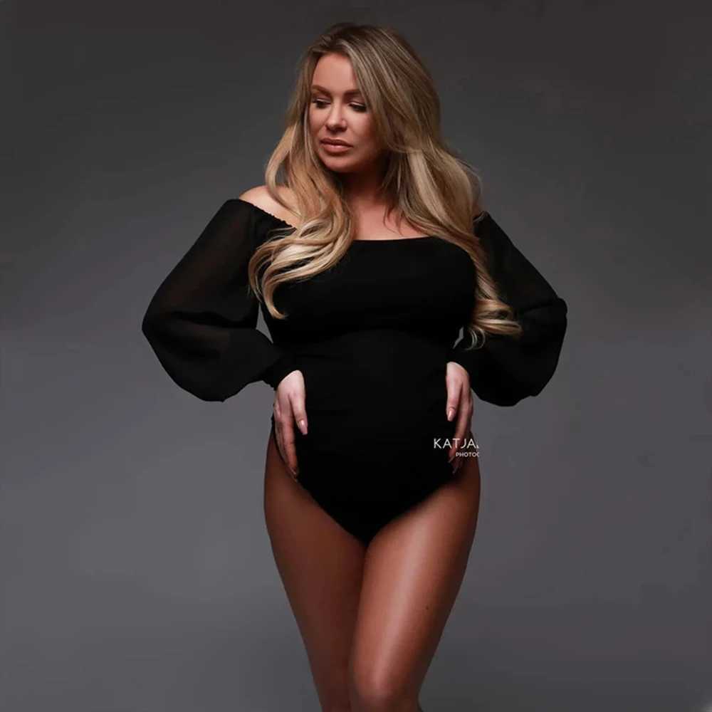 Maternity Photography Bodysuits Strapless Chiffon Long Sleeve Stretchy Clothing Women Dresses For Photo Shoot Studio Accessories X250224