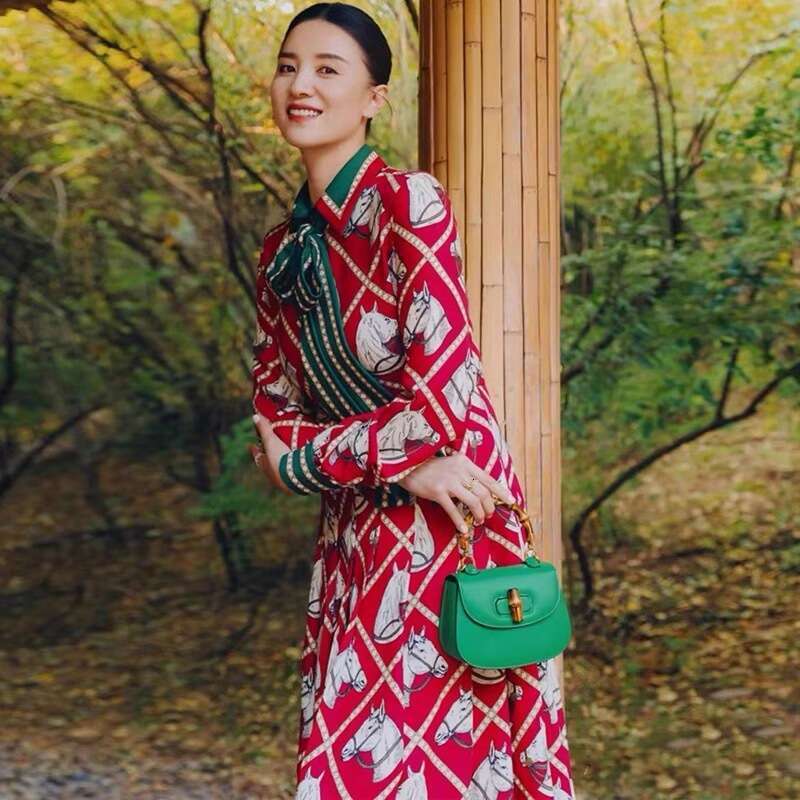 New Horse Head Printed Long Skirt With Elegant Temperament, Contrasting Butterfly Collar Dress For Women