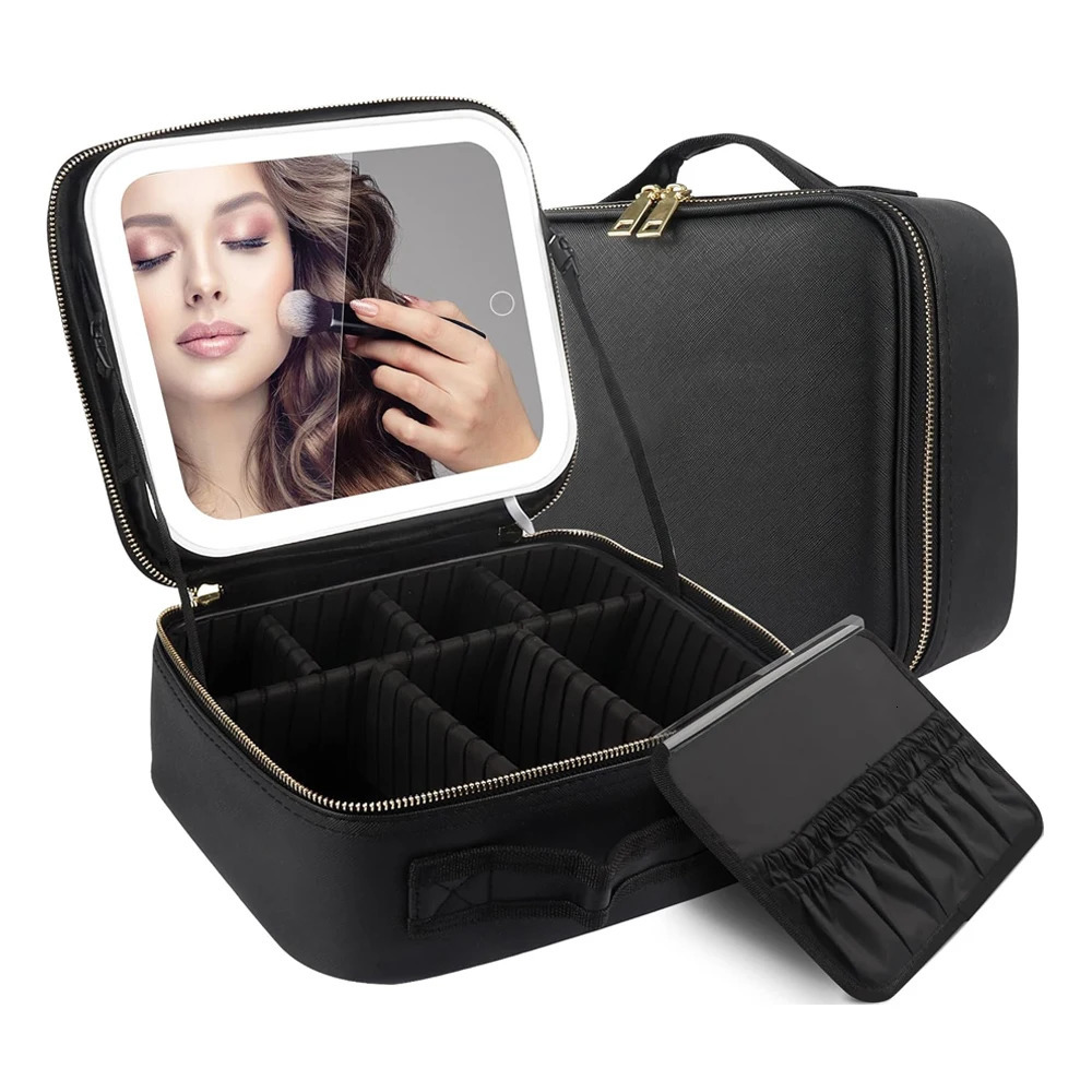 Makeup Organizer with Mirror Light 3 Adjustable Brightness Travel Train Case Cosmetic Bag Portable Storage Partition Waterproof 250311