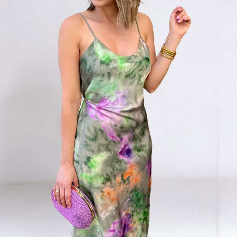 Women's Fashionable Elegant Sexy Vacation Style Printed Tie Dye Long Sleeved Beach Sling Set KLMY