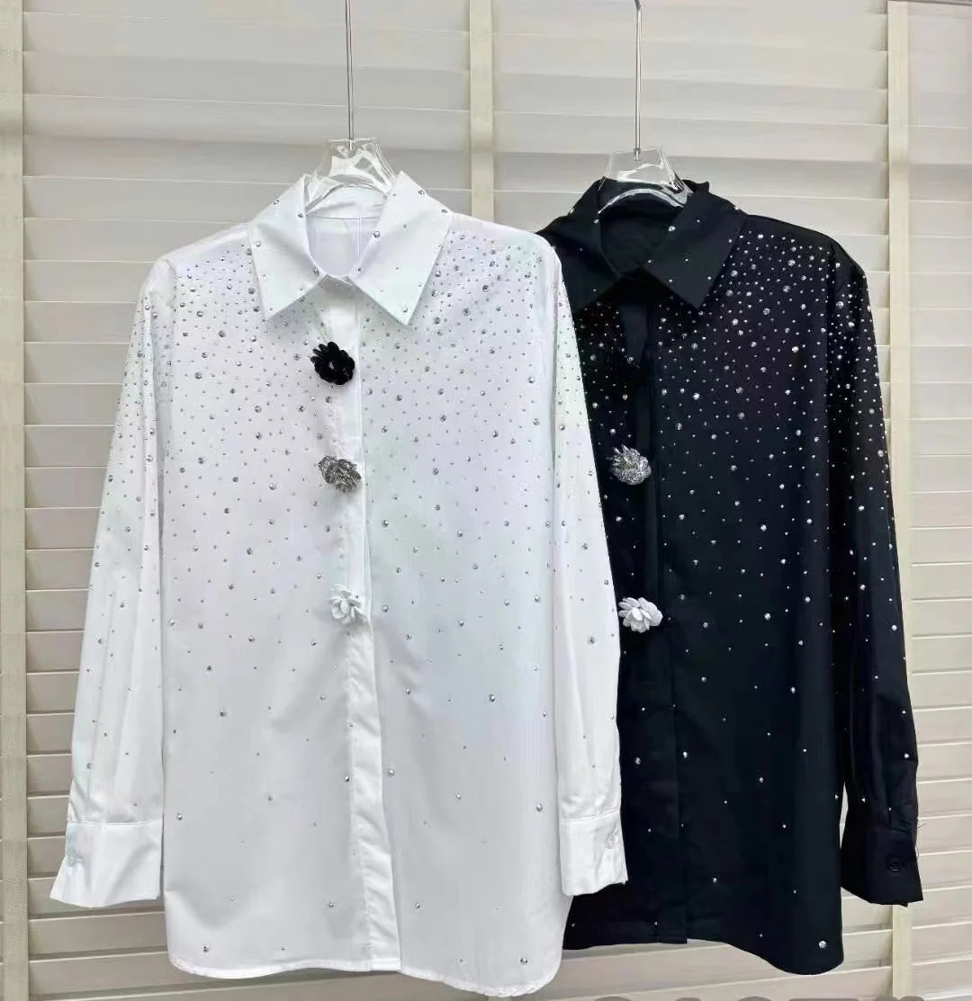 Diamond Black and White Womens Shirt Fashionable Long Sleeve Button Top Blue 250311