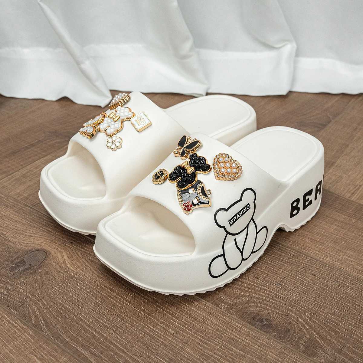 New Black and White Bear Thick-Soled Wedge Heel Womens Sandals and Slippers E19XJ250311