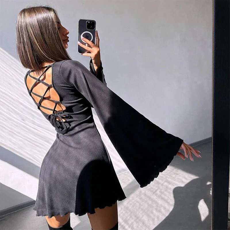 Sexy Dresses Nightclub Mini Short Party Dress Women Back Bandage O Neck Flare Sleeves Autumn Vestidos Ladies Fall Robe