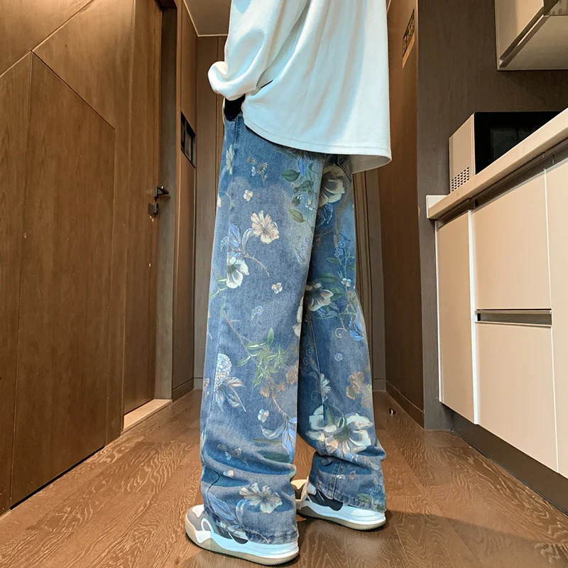 American Street Flower Printed Mens Jeans Y2K Retro Denim Trouser Hip Hop Fashion Wide Leg Pocket 250311