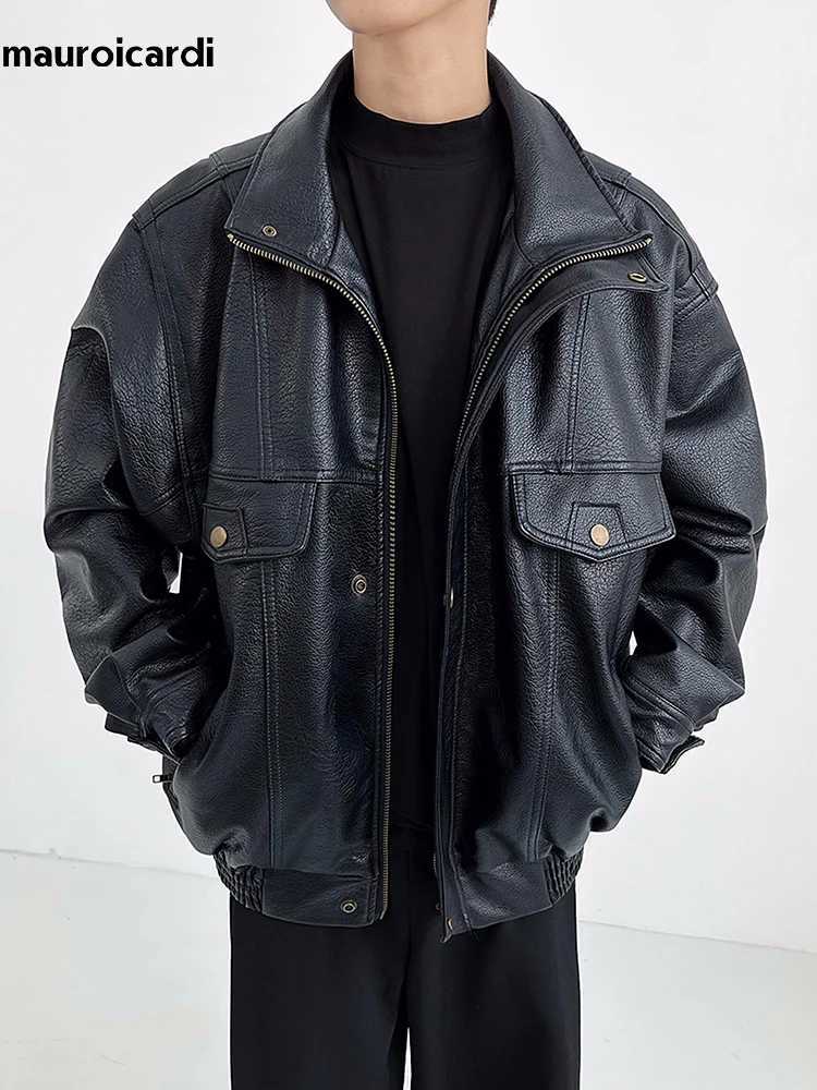 Mauroicardi Spring Autumn Oversized Cool Warm Thickened Hard Black Pu Leather Bomber Jacket Men Long Sleeve Unisex Clothes 2024T250311