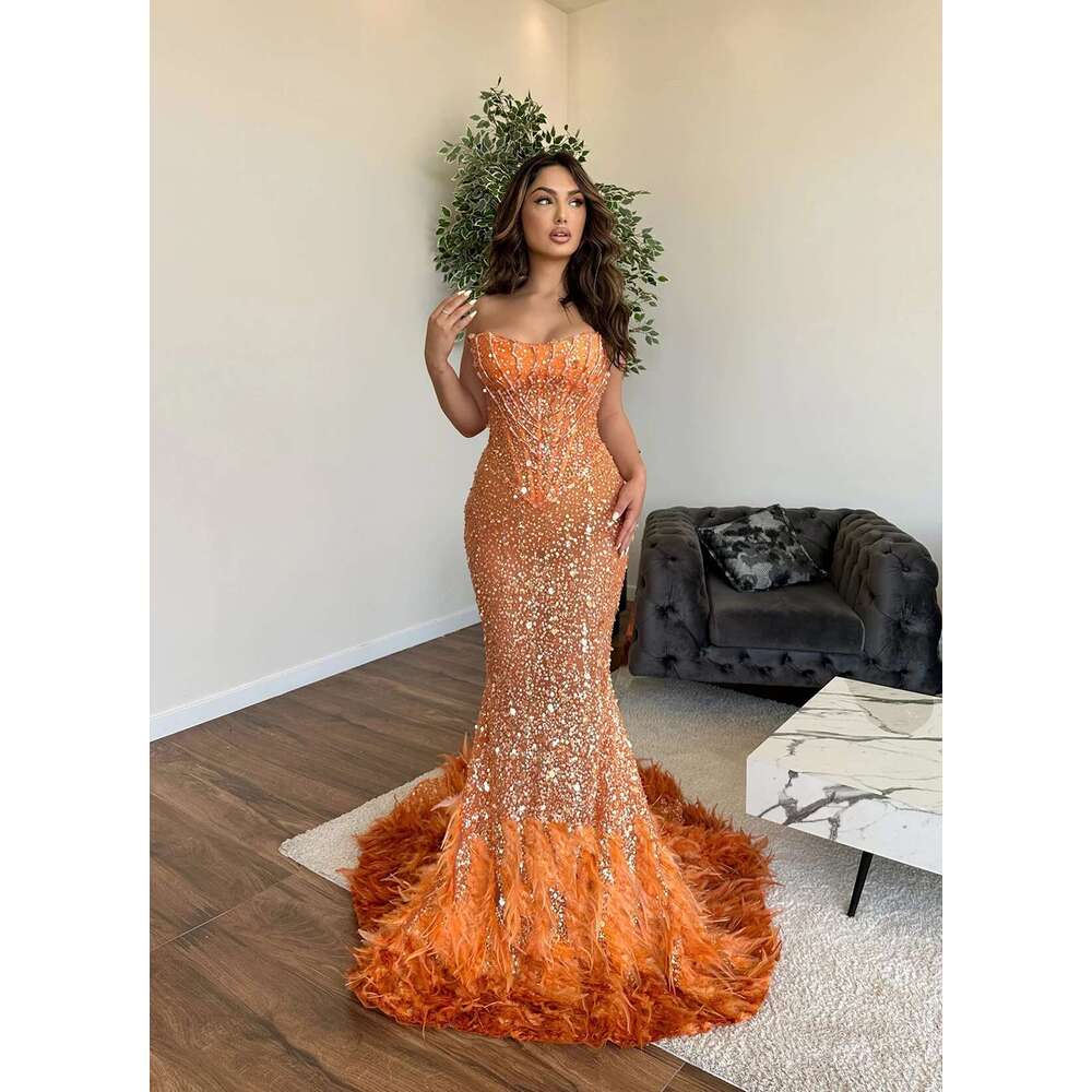 Strapless feather ball dress sparkling sequins lace sleeveless evening gowns beads robe de soiree custom
