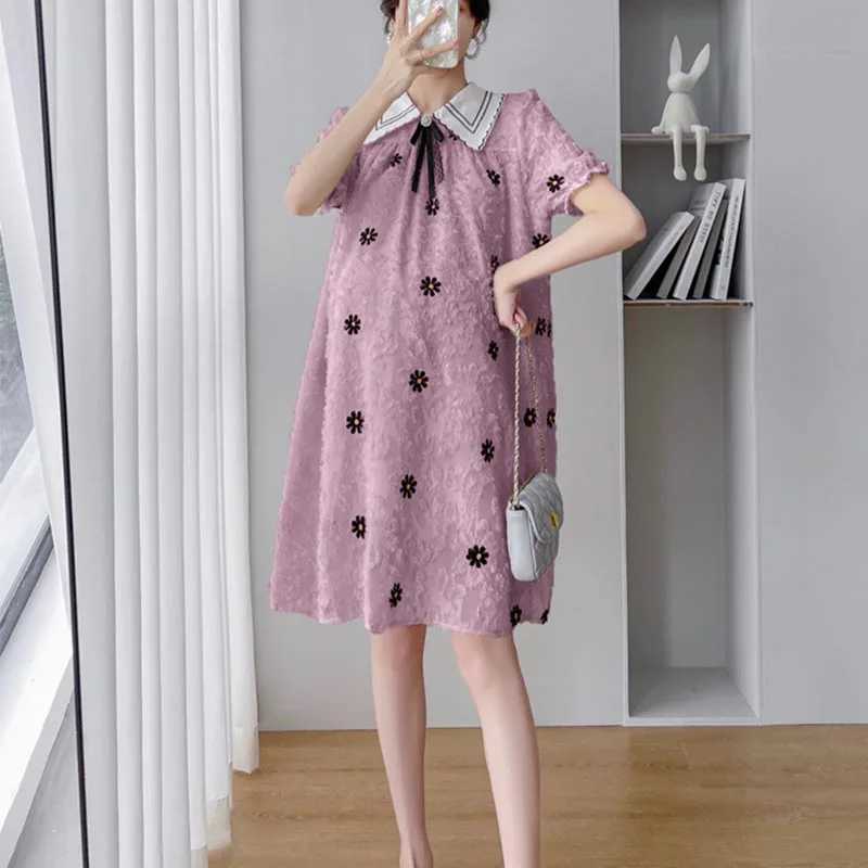 Maternity Summer Dress Fashion Floral Embroidered Lace Short Sleeve Dress Loose Casual Sweet Elegant Maternity Clothing DressT250311