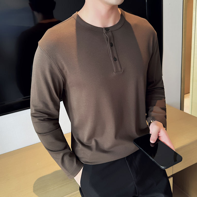Henry collar long sleeved base shirt men's T-shirt elastic round neck autumn and winter interior casual trendy top solid color polo