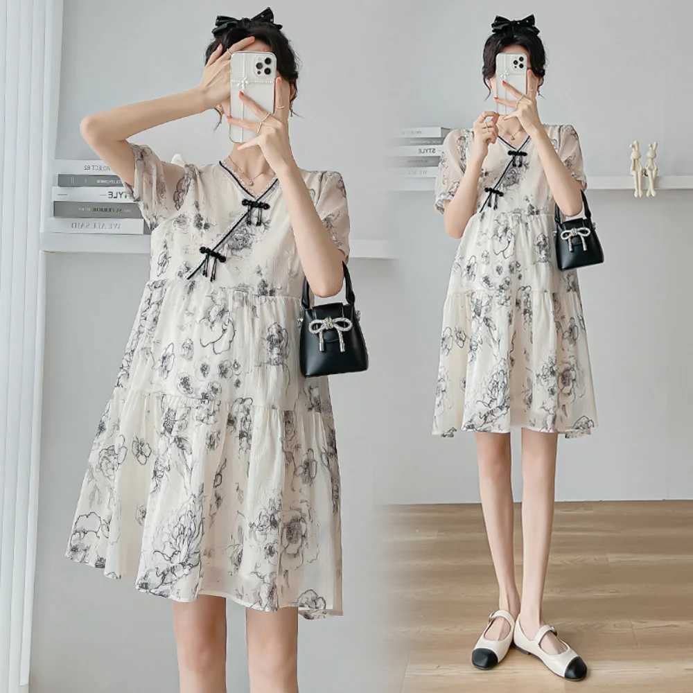 2024 Summer Fashion Maternity Clothes Pregnancy Chinese Style Dresses Short Sleeve Elegant Pregnant Woman vestidos de fotografiaT250311