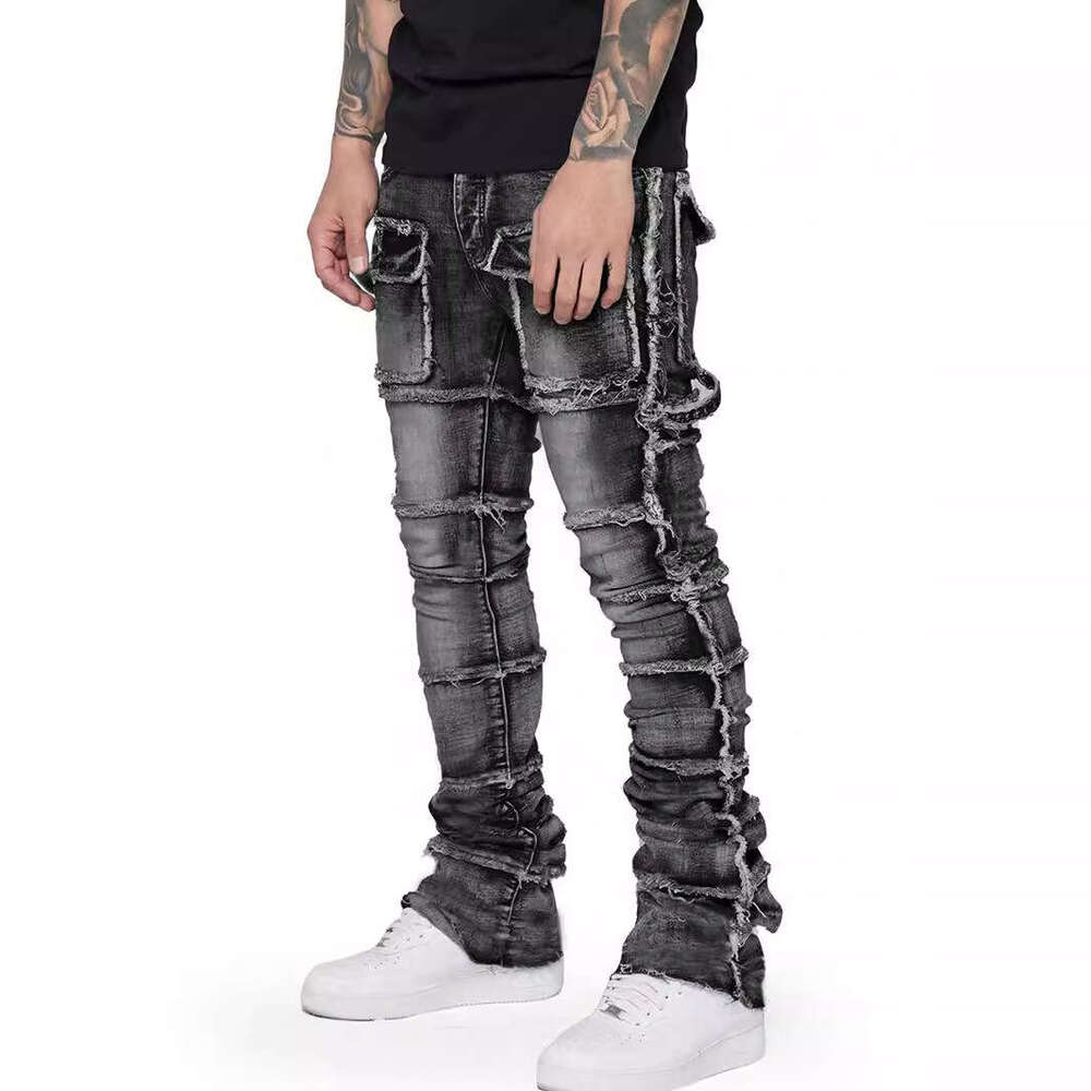 Men's workwear straight leg popular in European and American Instagram, elastic patch denim layered micro flared men's pants, 2025 new casua