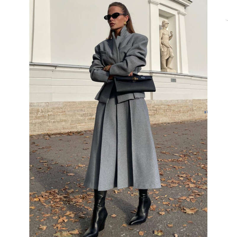 -Autumn And Winter New Fashionable Women's Waist Cinched Small Suit A-Line Length Half Skirt Two-Piece Set