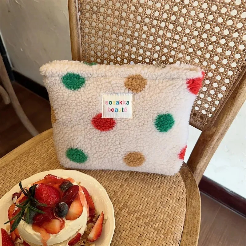 color striped dot plush clutch cosmetic bag large capacity toilet travel outdoor makeup storage 250311