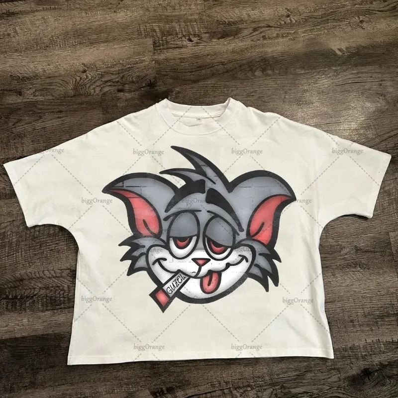 Fashion street clothing short sleeved womens retro cartoon print oversized T-shirt punk summer cotton casual top mens style 250310