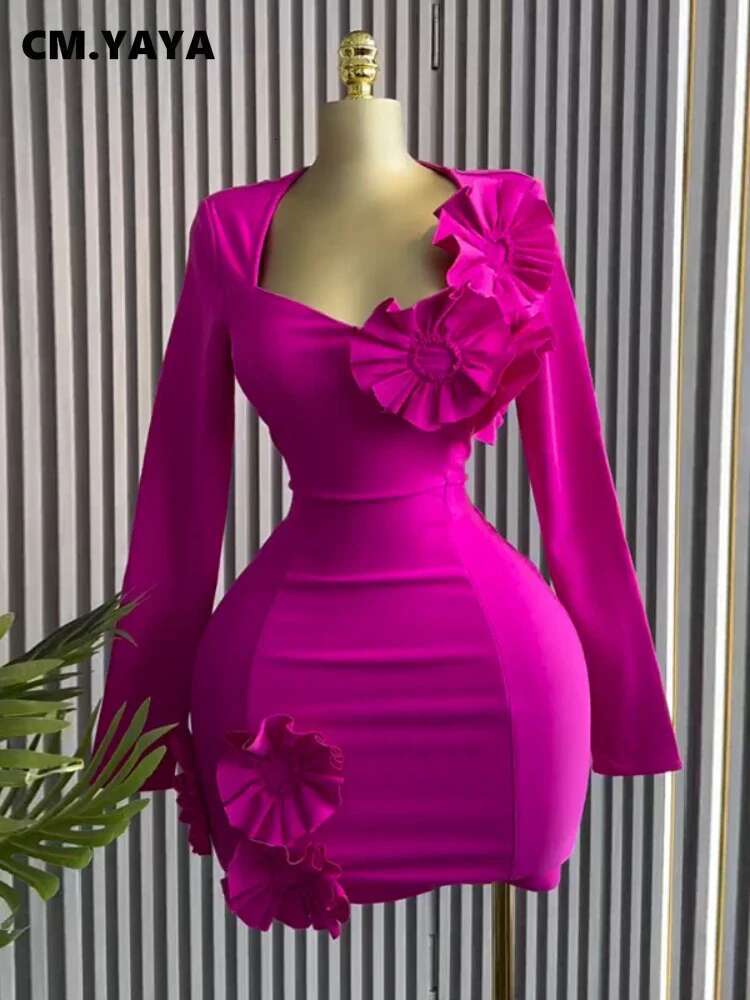 Cm.Yaya Women Strapless Mult 3D Wer Long Sleeve Bodycon Mini Dress Sexy Birthday Evening Night Party Club Vestidos Dresses