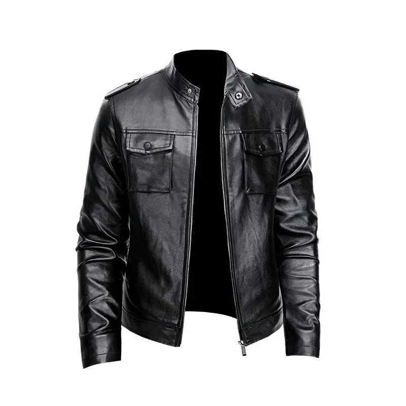 Mens Autumn and Winter New Business Trend Korean Edition Standing Collar Motorcycle Leather Jacket Youth Handsome CoatT250311