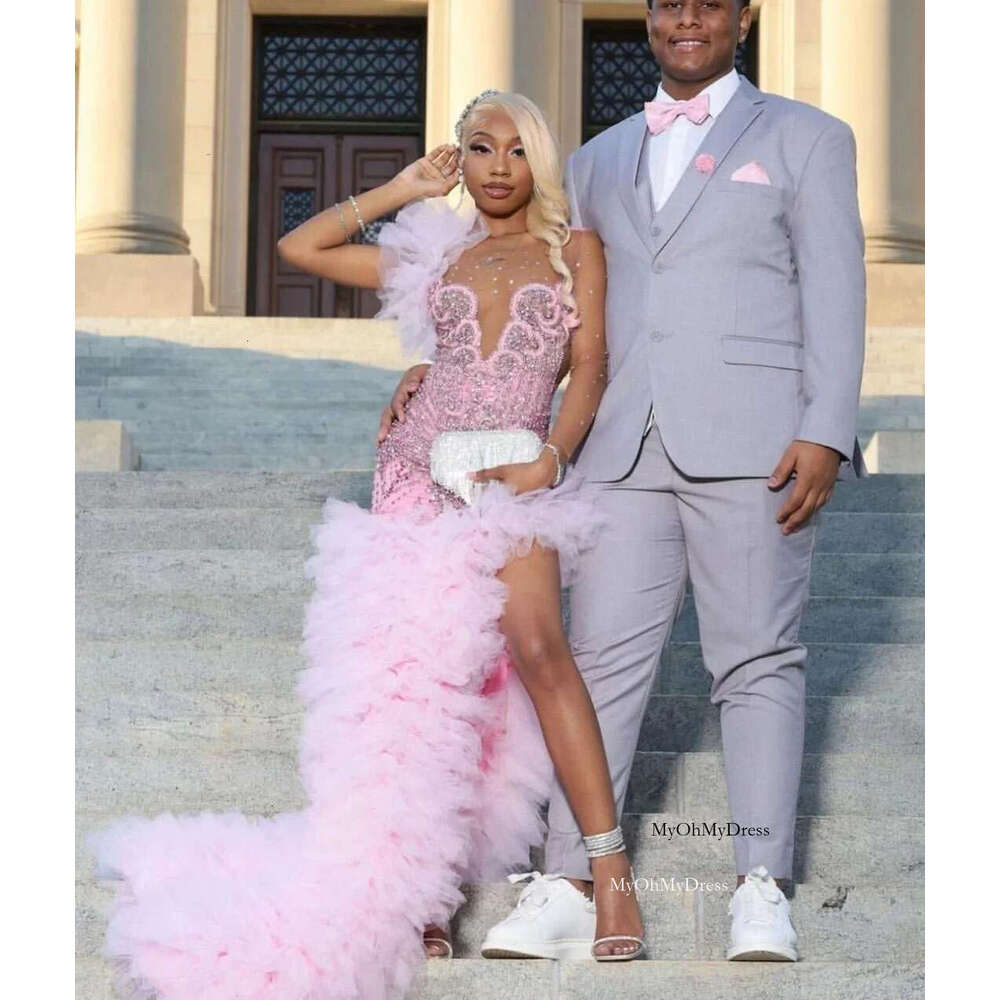 Ruffled Pink Long Prom Dress For Black Girls Mermaid Sheer Crystals Birthday Party Dresses Women Evening Gown Customized al0311