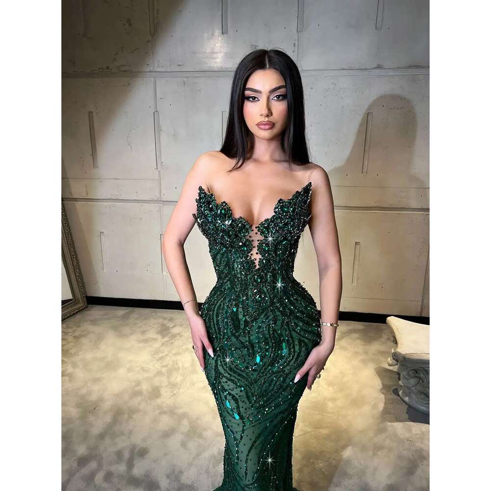 Modern Mermaid Beading Crystal Ball Gowns Strapless Custom Sleeveless Evening Dresses Up To The Floor Formal Party Dress prom
