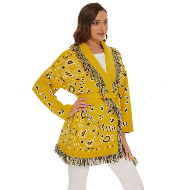 Autumn And Winter New Bohemian Sweater Jacket, Niche Dopamine Yellow Jacquard Wool Tassel Cardigan For Women