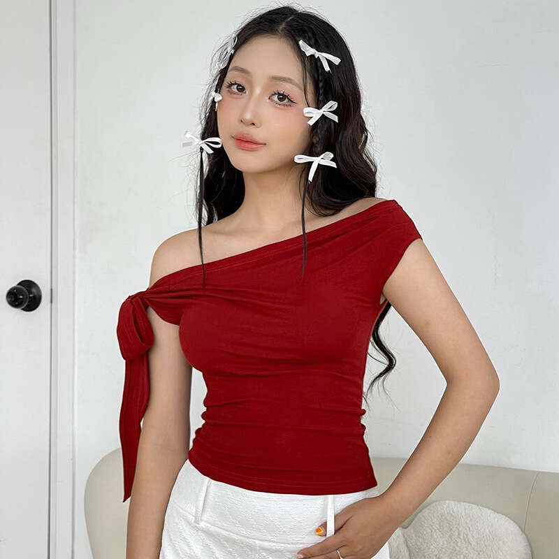Y24tp328 European and American women's summer ins pleated single shoulder backless twisted tie asymmetrical t-shirt top 2025 new casual fashion t
