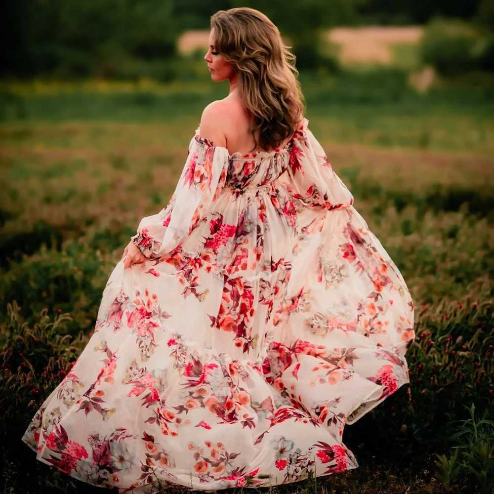 Photoshoot womens floral chiffon two-piece long sleeved and short sleeved baby shower top of the line maternity dress X250224