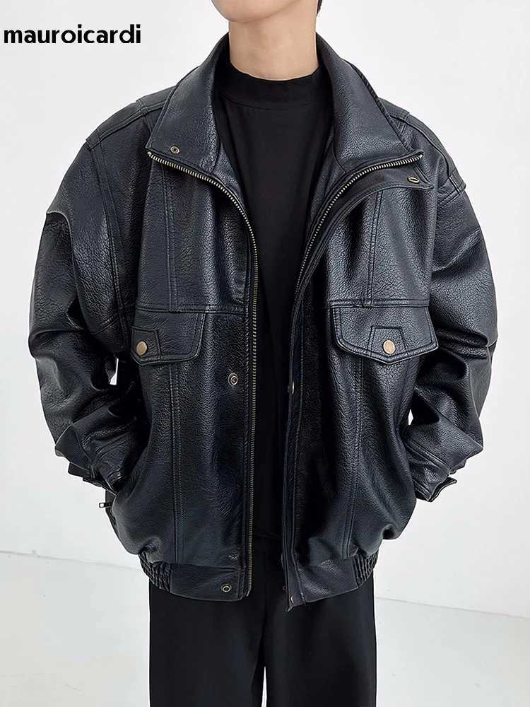 Mauroicardi Spring Autumn Oversized Cool Warm Thickened Hard Black Pu Leather Bomber Jacket Men Long Sleeve Unisex Clothes 2024T250311