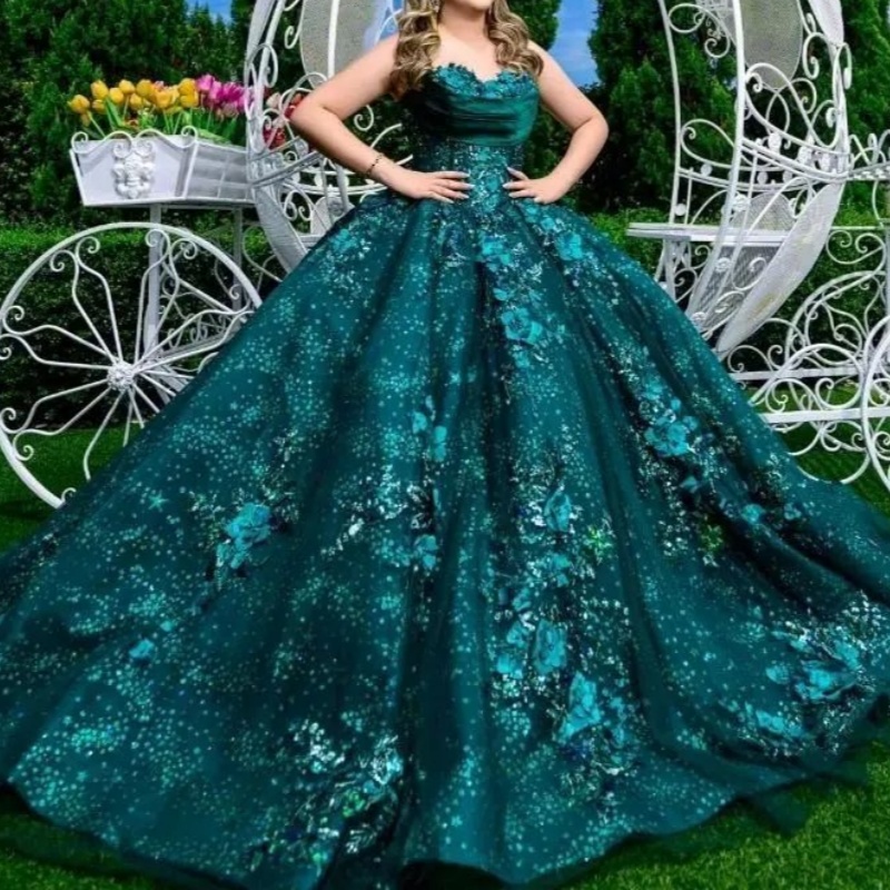 Blackish Green Shiny Princess Ball Gown Quinceanera Dresses Lace Appliques Crystals Beads Party Birthday Sweet 16 Dress Vestidos 15 De Anos