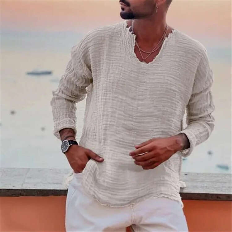 Men's youth en casual loose V-neck washed water frayed long sleeved shirt, 2025 new style, chic and elegant clothing
