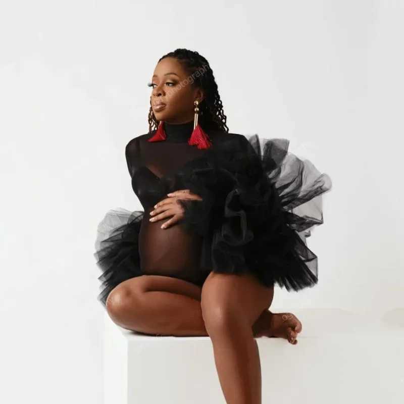 Maternity Photography Props Bodysuit Puffy Ruffled Sleeve Photography Bodysuit Black See Through Tulle Dress For Pregnant Women X250224