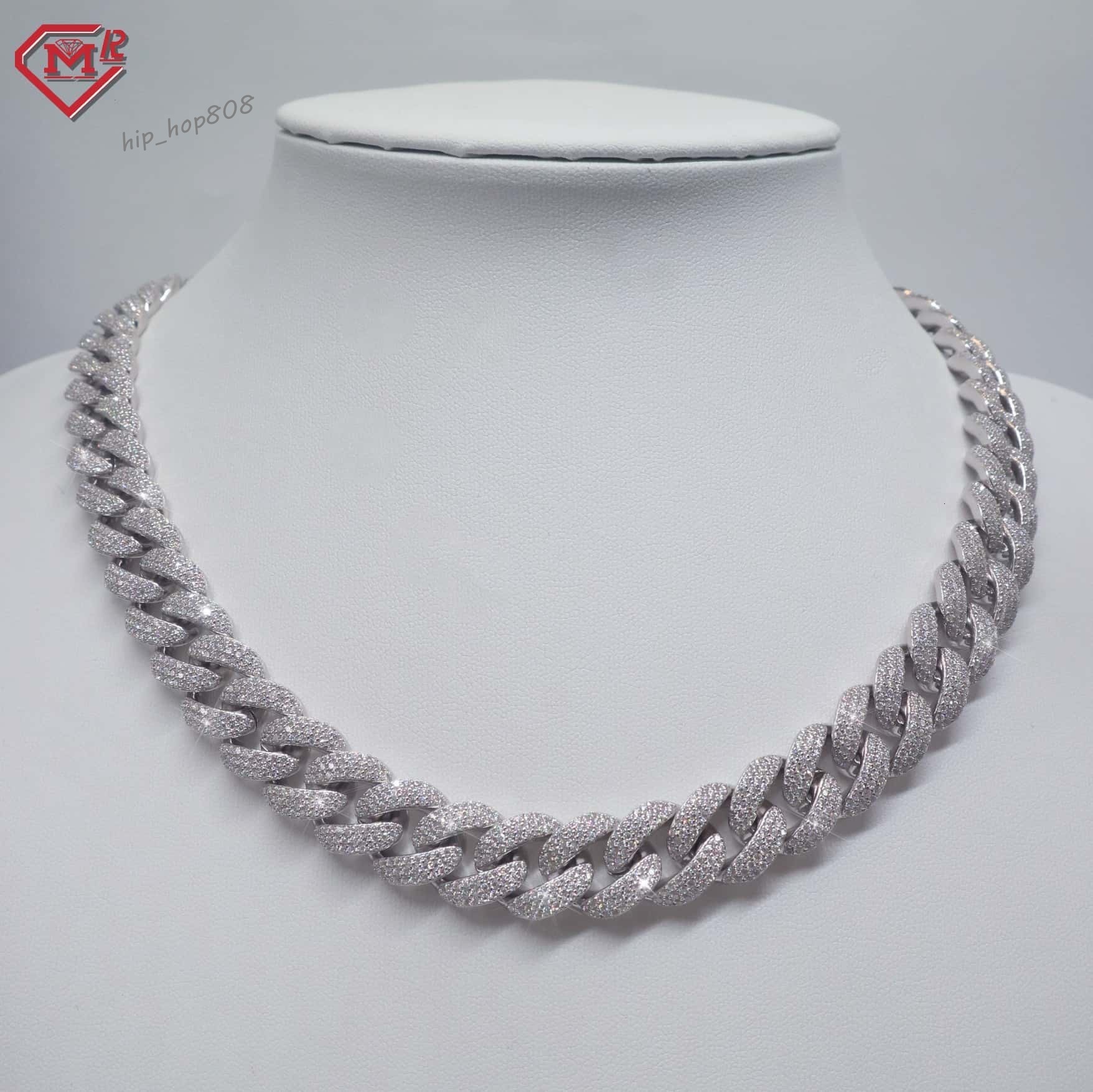 Hiphop 12mm Cuban Link Chain Iced Out Curb Miami 925 Silver Borderless VVS Moissanite Cuban Chain