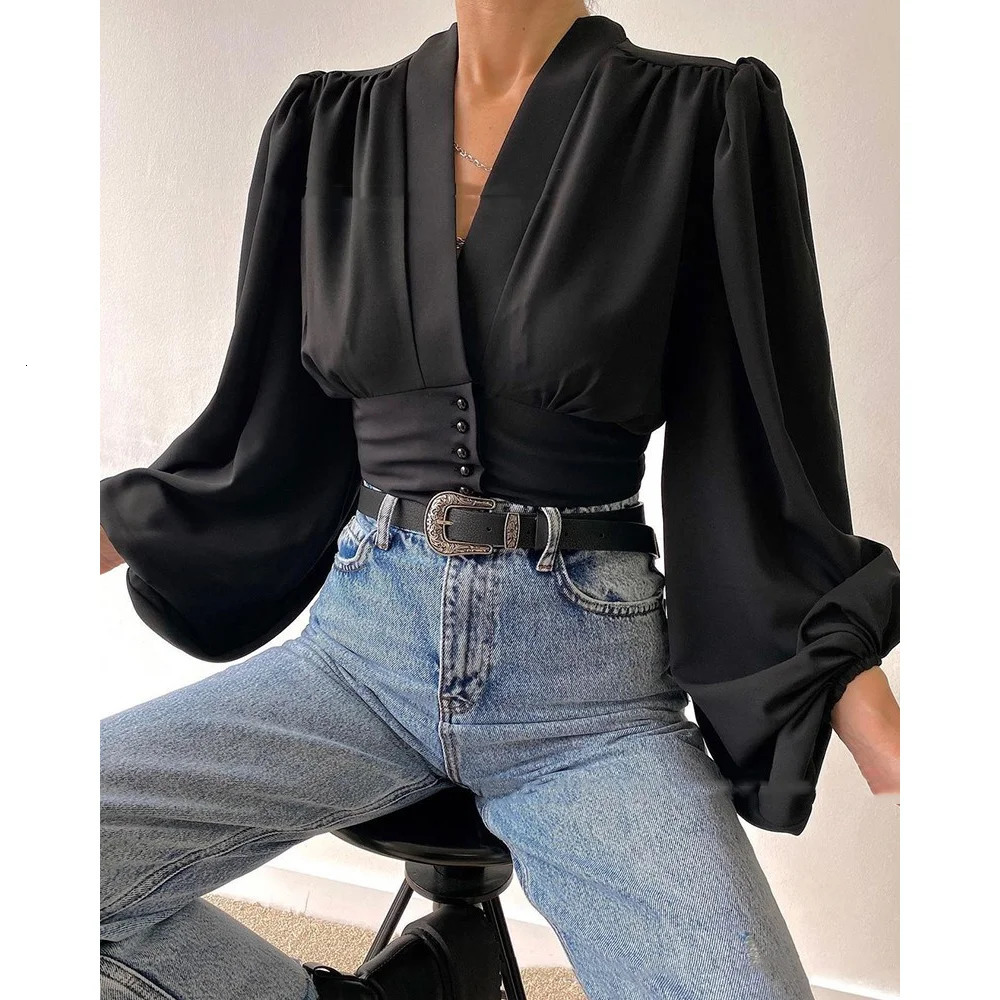 Heat resistant short top for women with fashionable buttons Vneck lantern sleeves Tshirt womens clothing printed shirt 250311