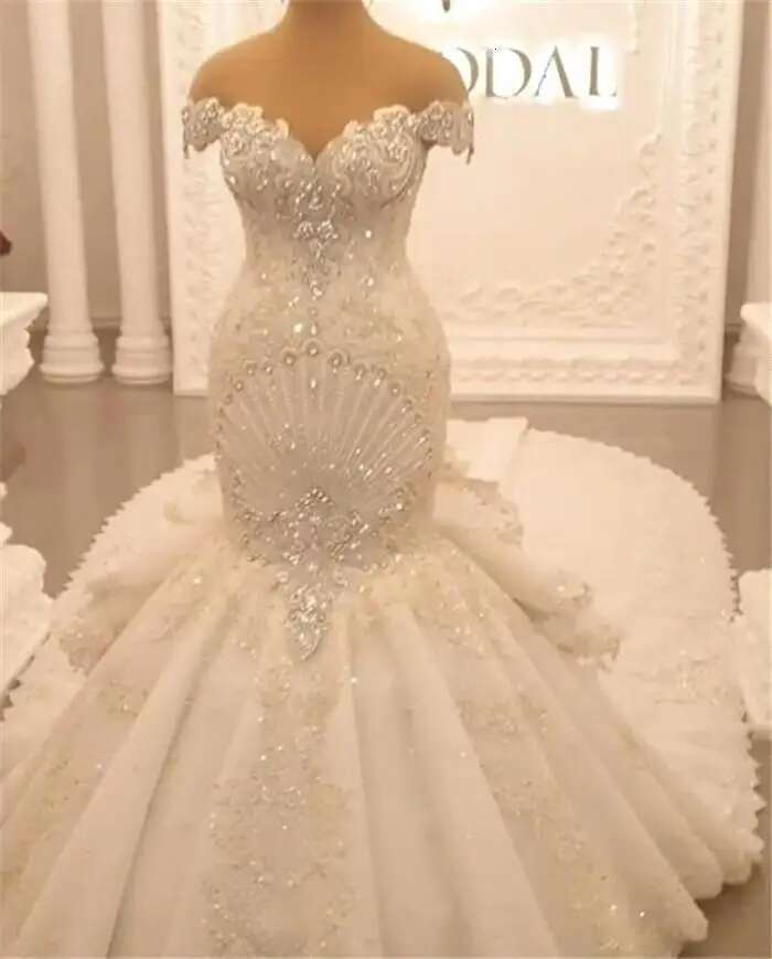 with Beads and Mermaid, Wedding Dresses, Lace Appliques 2021, Off Shoulder, Sweep Train, Arabic Dress