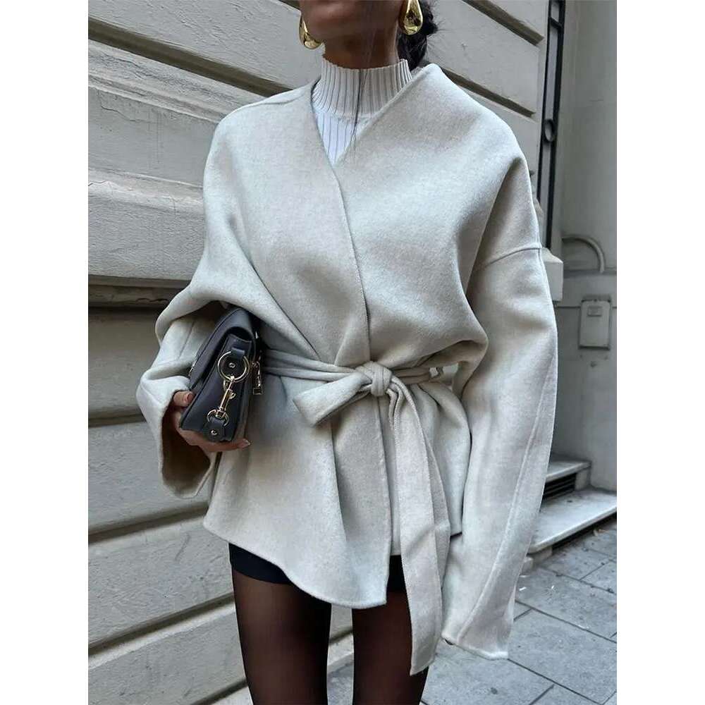 Elegant Women's Solid V-neck Tie-belt Woolen Jacket New Fashion Classic Long Sleeves Coats Autumn Chic Female Streetwear