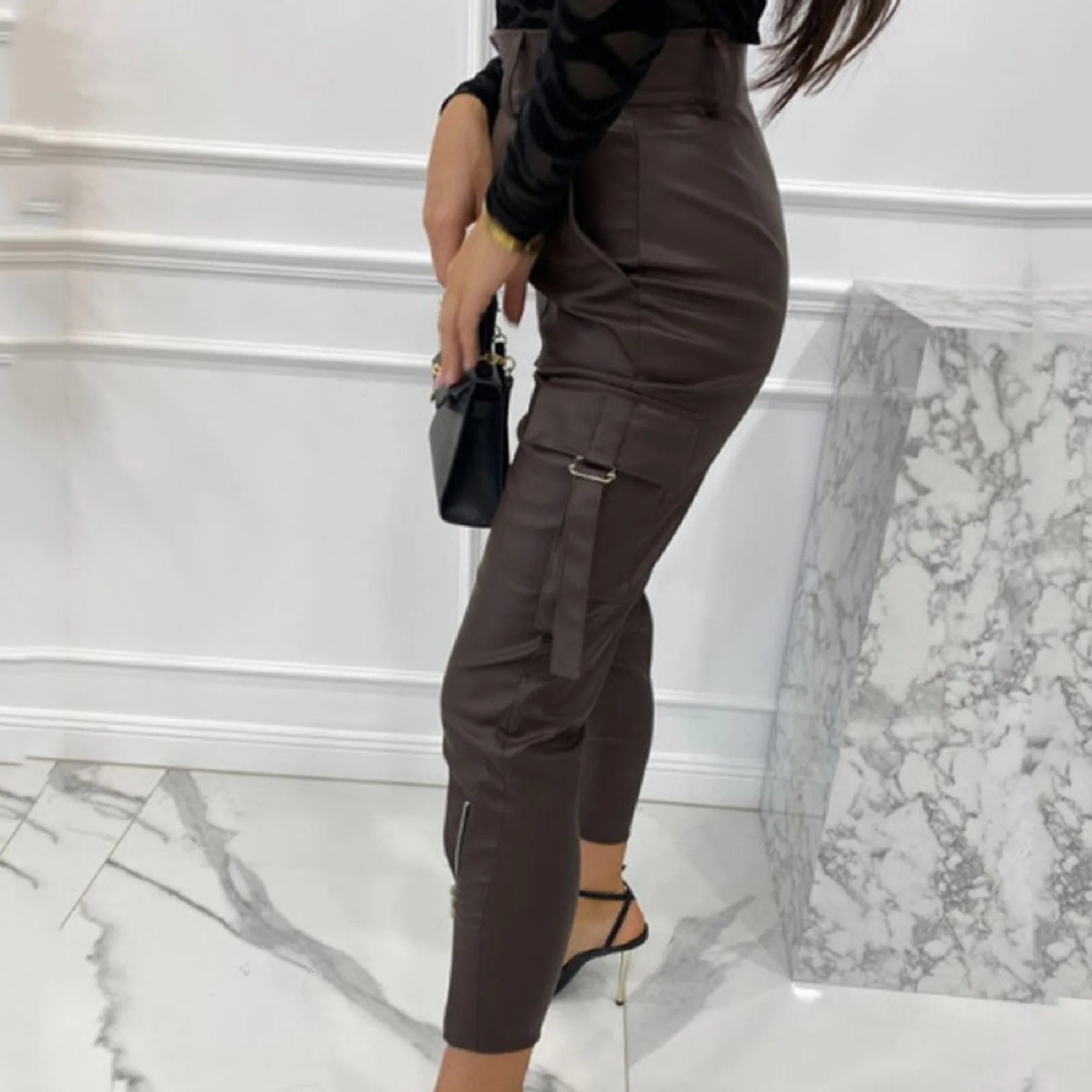 AutumnWinter Punk Style Pu Leather Pants Small Leg Elastic Waist Pants Lace Long Pocket Trouser Womens Leather Pants 250305