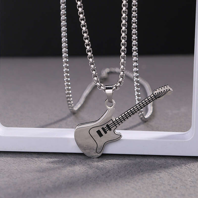Hip Hop Music Guitar Necklace Street Personality Bounce Ti Steel Sweater Chain Pendant Jewelry Trend