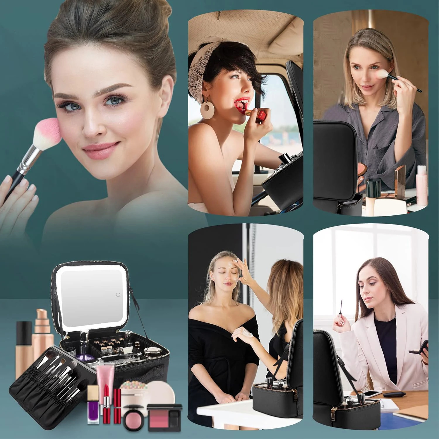 Makeup Organizer with Mirror Light 3 Adjustable Brightness Travel Train Case Cosmetic Bag Portable Storage Partition Waterproof 250311