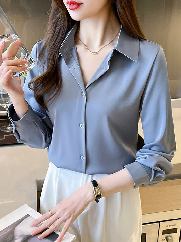 Minimalist Long Sleeve Satin Blouses Shirt Women Korean Style Solid Loose Shirts Blouse Female Casual Clothes OL Ladies Top 250310