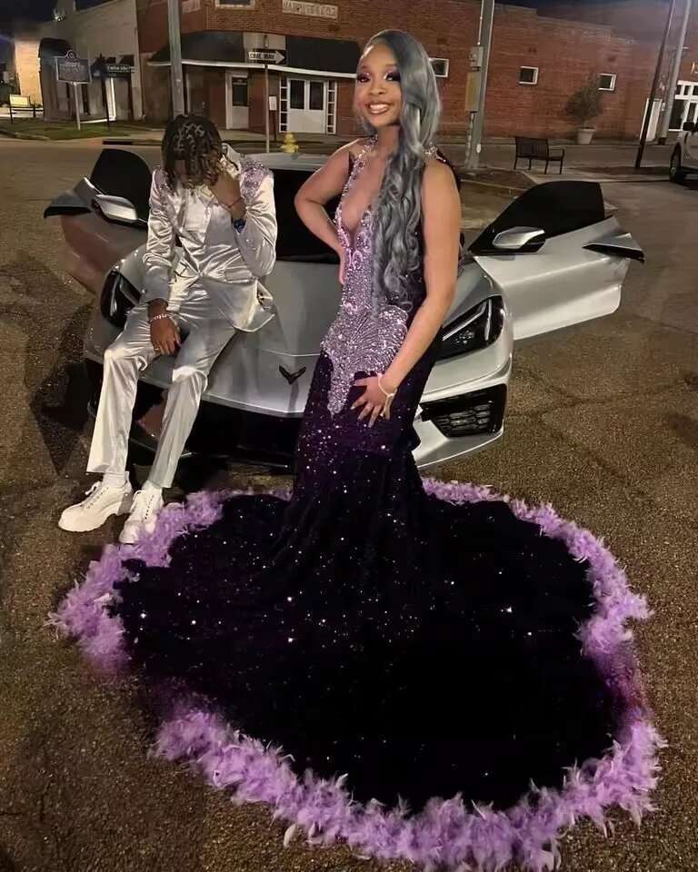 Sparkly Purple Sequins Long Prom Dress 2025 For Black Girls Bead Crystal Evening Feathers Birthday Party Gown Customized