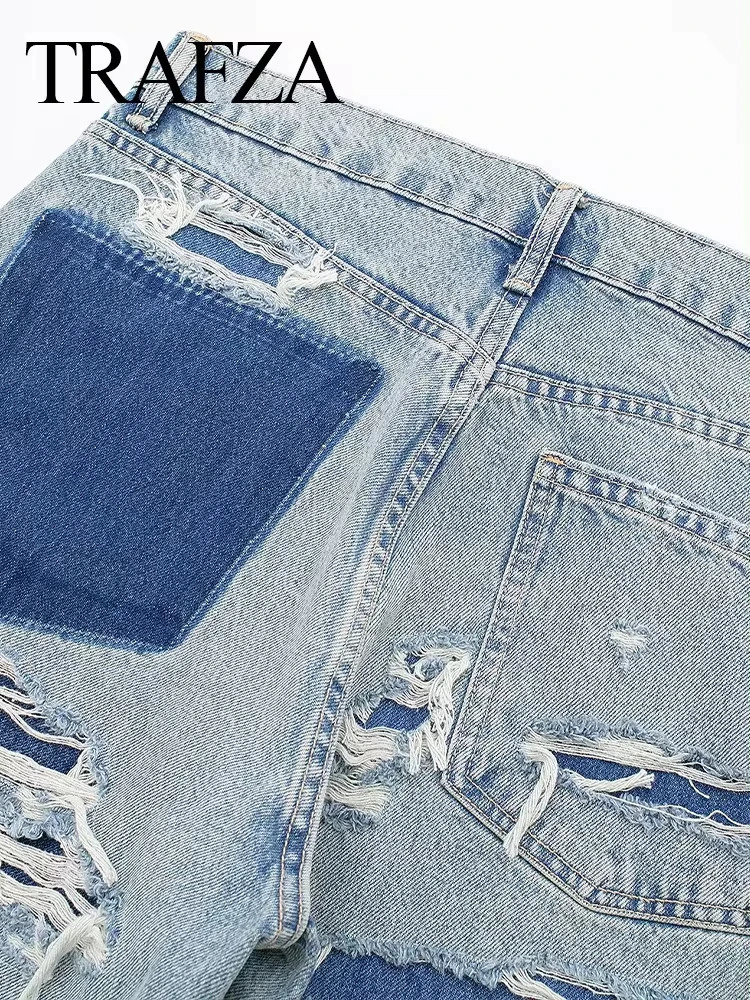 TRAFZA Womens Street Fashion Denim Blue Jeans Distressed Patchwork High Waist Zipper Fly Ripped Retro Long Pants 250311