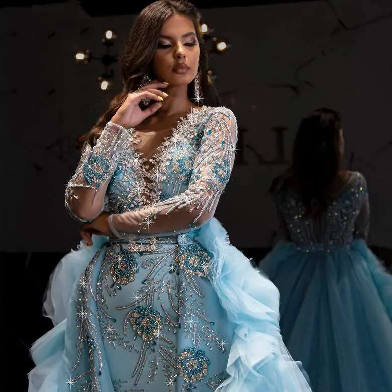 Beaded Vintage Applique, Full Sleeves, Crystal Evening Dresses, Detachable Sweat Train, The