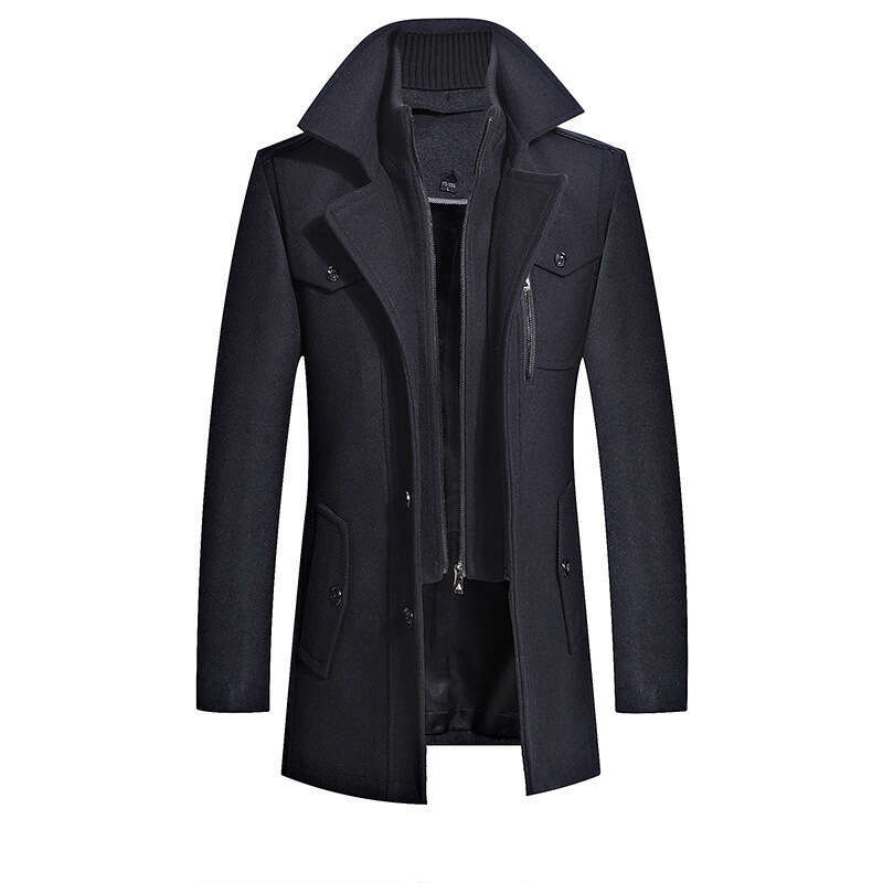 European Version Vertical Zipper Autumn And Winter Double Collar Thick Plus Size Windbreaker Men's Woolen Coat